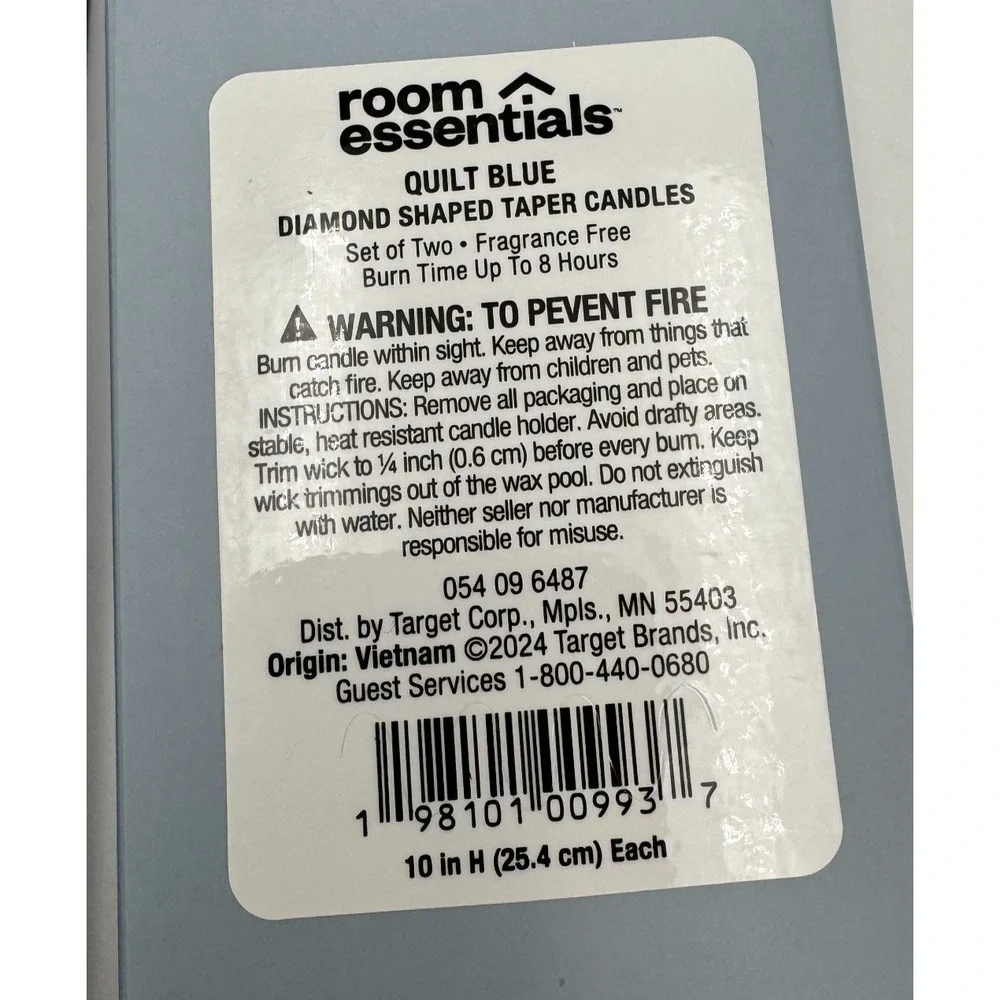 NIB Room Essentials Quilt Blue Diamond Taper Candles 4 Pack‎ 10